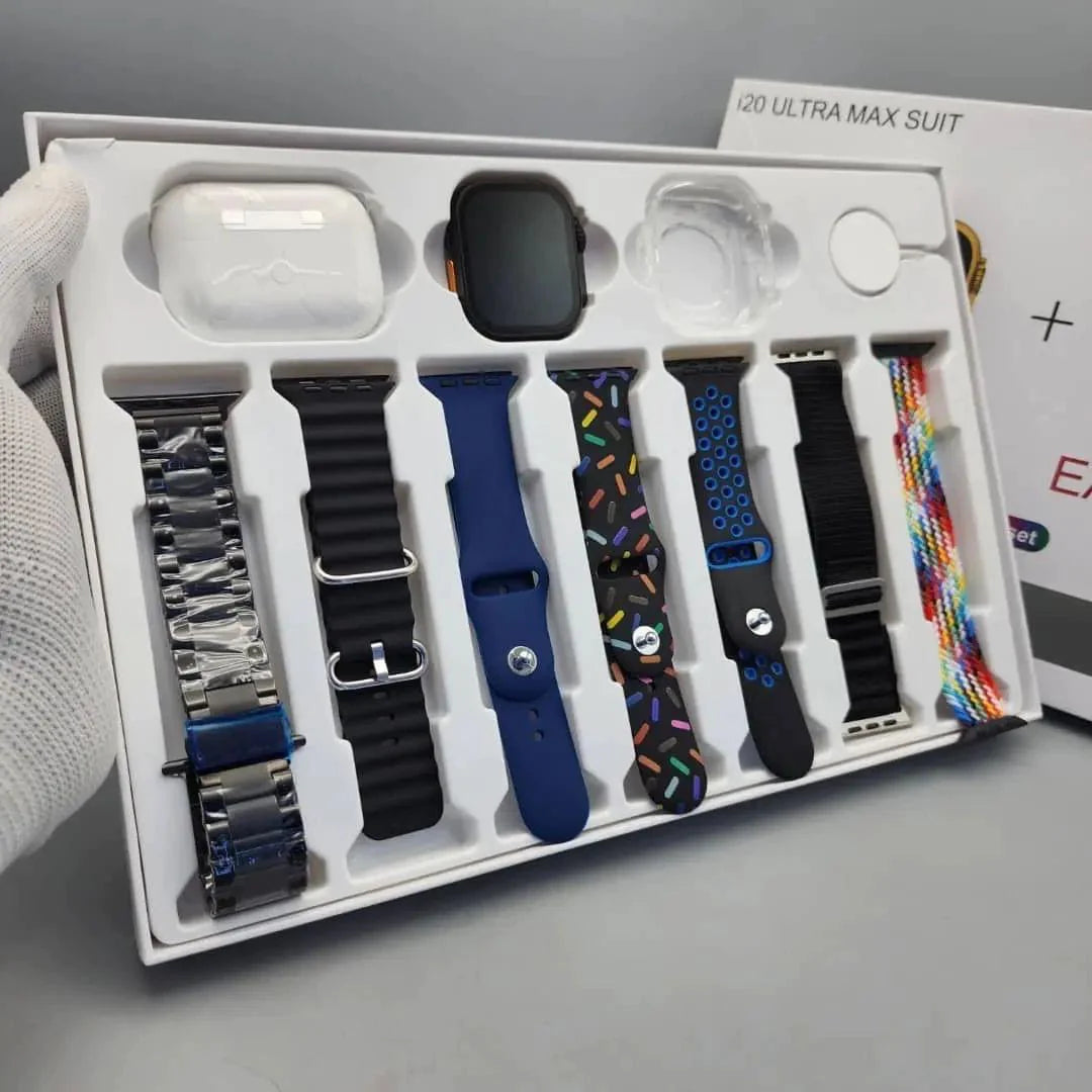 I20 ULTRA MAX SUIT SMART WATCH “7 STRAPS, 1 AIRPODS PRO AND 1 PROTECTIVE CASE”