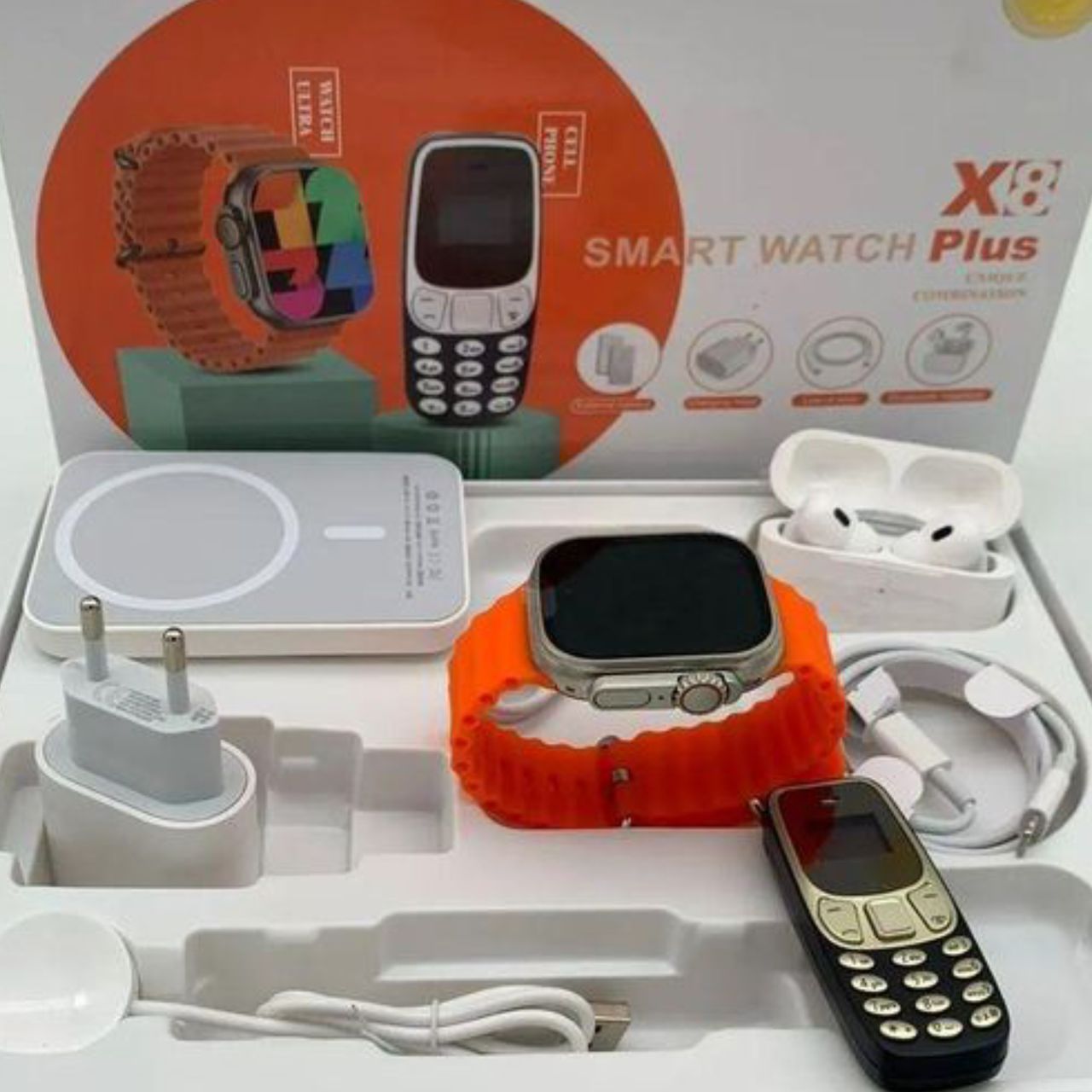 X8 + UNIQUE COMBINATION SMART WATCH WITH + PORTABLE CELL PHONE + POWER ADAPTER + USB-C TO LIGHTING LINE + AIRPODS PRO + MAGNETIC BATTERY BANK PACK